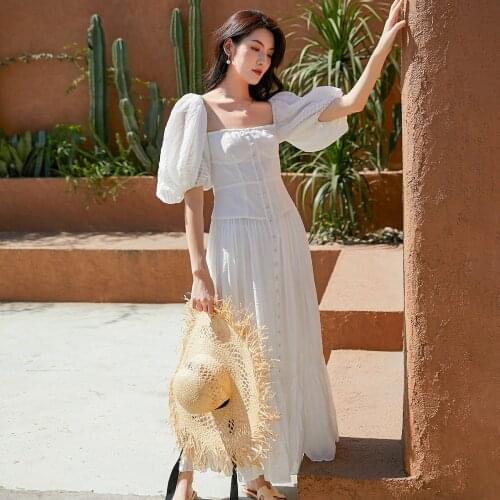 Jastie Square Neck Puff Sleeve Women Dress French White Summer Maxi Dresses for Woman New 2021 Boho Dress Female Vestidos