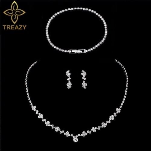 TREAZY Simple Style Crystal Bridesmaid Bridal Wedding Jewelry Sets Rhinestone Choker Necklace Earrings Bracelet Set for Women