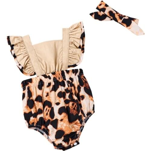 Summer Baby Girls Romper + Headband Leopard Print Ruffles Infant Rompers Jumpsuits Newborn Clothes
