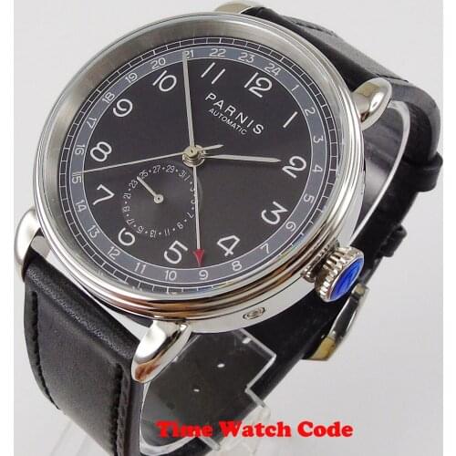 PARNIS 42mm Automatic Mens Wristatch GMT Black Dial date indicator black leather strap polished bezel Roman numerals