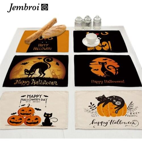 Halloween Pumpkin Placemats for Table Drink Coaster Set Cartoon Cute Black Cat Home Decoration Accessories Modern Holiday Gift