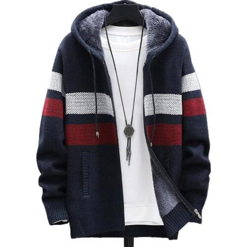 Autumn Winter Men Long Sleeve Knitted Hooded Cardigan Zip Plush Color Block Coat