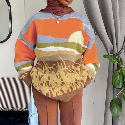 Autumn Retro Pastoral Printing Y2K Knitted Sweater Loose Casual Harajuku Warm Casual Pullover Beautiful Streetwear Korean Top