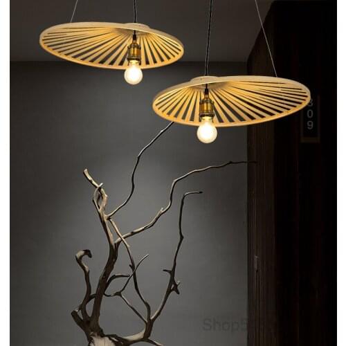 Chinese Style Straw Hat Bamboo Pendant Lights Vintage Living Room Lights Wood Hanging Lamp Restaurant Cafe Suspension Luminaire