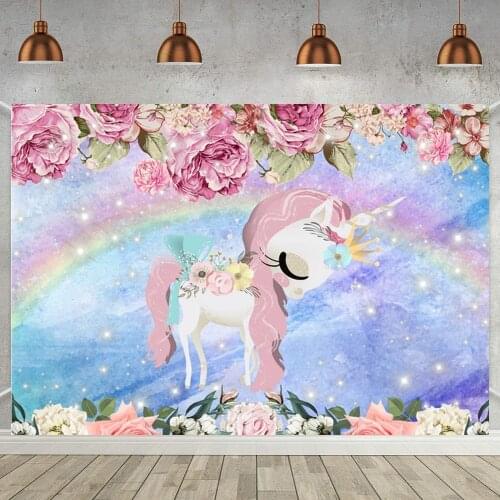 Pink Rose Floral Long Hair Unicorn Girl Princess Backgrond For Photography Rainbow Light Bokeh Little Pony Backdrops Table Decor