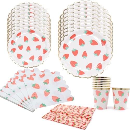 Fruit Strawberry Tableware Set Disposable Paper Plates Cups Straws Napkins Dining Supply For Baby Shower Birthday Wedding Party