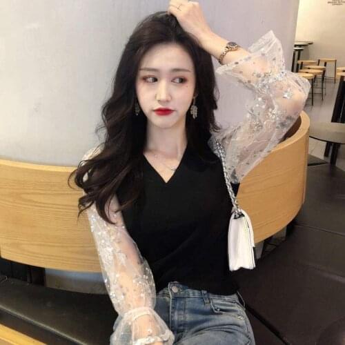 Chic Summer Lace Hollow Tops Long Sleeve Sunscreen Shirt Plain Thin Knitted Translucent Women Blouse