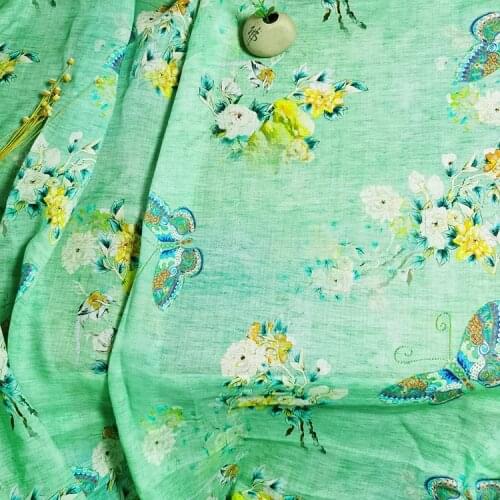 High end natural pure ramie tissus Green butterfly digital printing tissu Advanced custom cheongsam dress robe shirt fabric