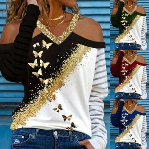 Blouse Women Butterfly Print Stitching V-Neck Off Shoulder Top Tee Shirt Autumn Long Sleeve Casual Plus Size Ladies Blouses