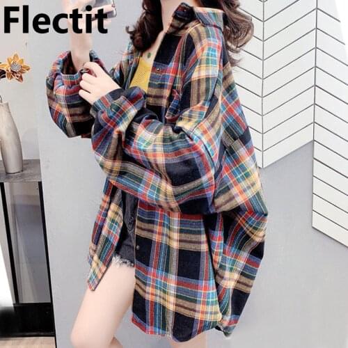 Flectit Oversized Plaid Shirt Long Sleeve Lapel Collar Button Down Womens Shirts Blouses Spring Fall Outfits