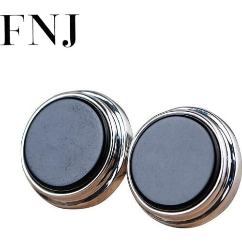 FNJ Round Black Agate Earrings 925 Silver Original Pure S925 Sterling Silver Stud Earring for Women Jewelry