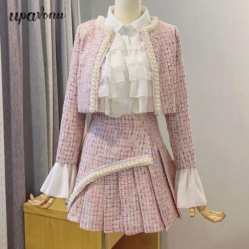 Free Shipping Elegant Tweed Three-piece Beaded Womens Set Cardigan Jacket & Ruffled Shirt & A-line Skirt Party Set 2020 Autumn