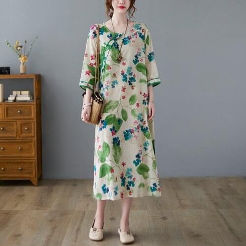 Women Cotton Linen Long Dress New Arrival 2021 Summer Vintage Style O-neck Floral Print Loose Female Casual Dresses B369