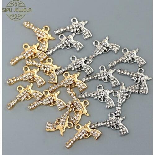 10Pcs Gold Silver Color Zinc Alloy Pistol Gun Charms Shiny Rhinestone Mini Revolver Charm For DIY Punk Jewelry Making Accessorie