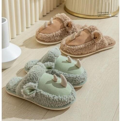 2021 Warm Faux Fur Women Men Cartoon Slippers Soft Plush Indoor Home Ladies Winter Shoes Lovers House Floor Cotton Slipper