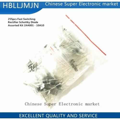 255PCS Fast Switching Rectifier Schottky Diode Assorted Kit 1N4001 1N4004 1N4007 1N5408 UF4007 FR307 1N5819 1N5822 6A10 10A10