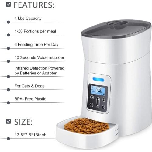 6 Meals 4L Automatic Cat Pet Feeder Dog Food Dispenser with Distribution Alarm Voice Recorder Programmable Timer dog bowls