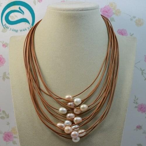 White Pink Purple Natural Oval Freshwater Pearl Jewelry Gem Stone Beads 15 Row Leather Pearl Necklace 18-20'' Magnet Clasp
