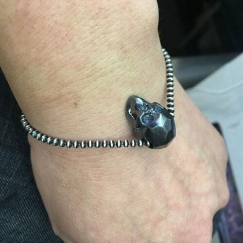 925 Sterling Silver color Bracelet Bead 20cm Chain Black Skull Skeleton Charm Thai Silver color Bracelets for Women Jewelry Gift