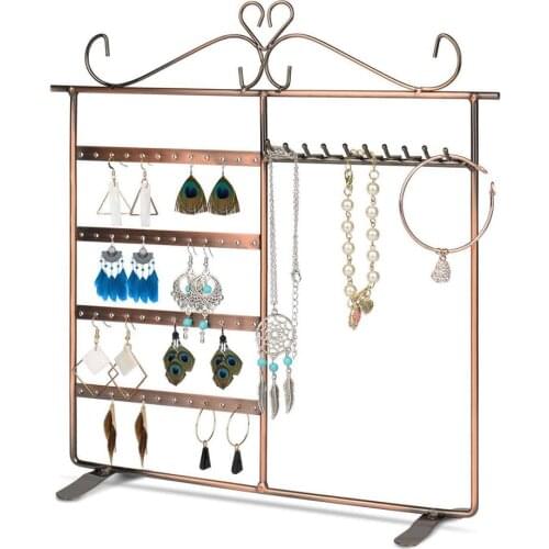 Bronze Jewelry Holder Necklace Hanger & 48 Earring Holes Metal Showcase Bracelet Organizer Hanging Display Storage Rack Stand
