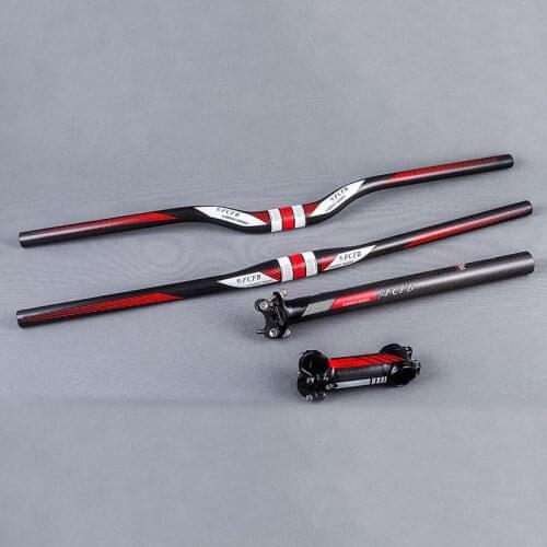 FCFB Carbon Fiber Horizontal Handlebar MTB Bike Parts Set Mountain Bicycle Flat Riser Handlebar + Stem + Seatpost