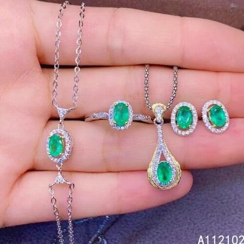 KJJEAXCMY fine jewelry 925 sterling silver inlaid natural emerald Popular pendant ring earring bracelet girl suit support test