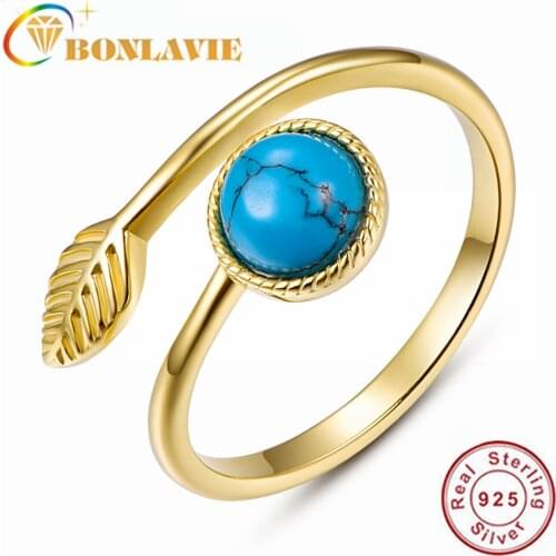 BONLAVIE 925 Silver 14k Gold Jewelry 6mm Round Turquoise Leaf Opening Ring for Women Wedding Anniversary