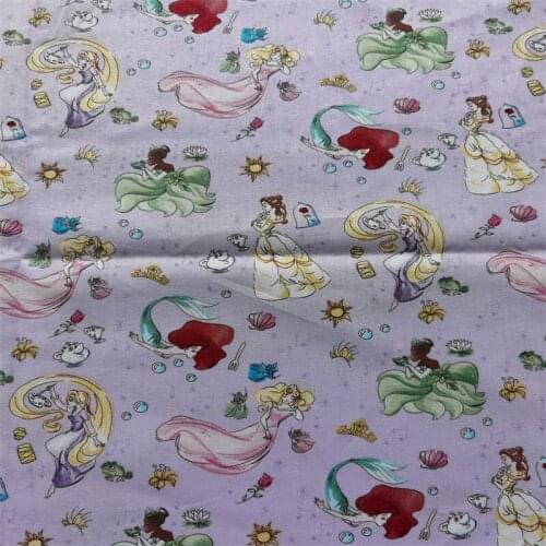 Disney Princess Collection Print Purple 100% Cotton Fabric for Girl Clothes Hometextile Cushion Cover Backpack Needlework DIY
