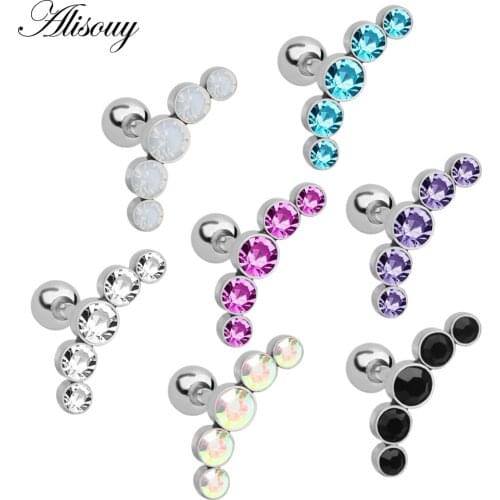 Alisouy 1PC HQ New Steel Prong Set Round Crystal Zircon Colorful Stud Ear Cartilage Tragus Piercing Sexy Girls ear Jewelry