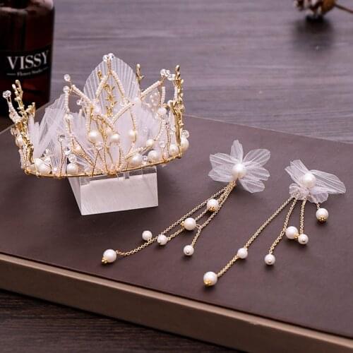 FORSEVEN Sweet Yarn Flowers Simulated Pearls Diadem Princess Tiara Crown Earring Bridal Bride Noiva Wedding Hair Jewelry Set