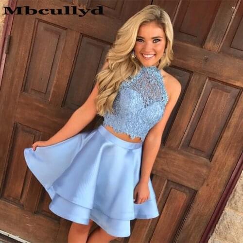 Mbcullyd Two Pieces Short Prom Dresses 2020 Sexy Halter Neck Backless Cocktail Dress Party For Women Vestidos de graduacion