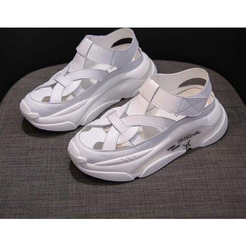 Clunky Sandals for Women 2021 Summer Velcro Leather Platform Roman Shoes Femme Slippers Thick Bottom Sandals 35-40 Beach Shoes