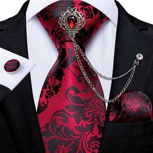 New Fashion Red Floral Paisley Men Neck Tie Handkerchief Brooch Chain 8cm Width Silk Jacquard Woven Business Wedding Tie DiBanGu
