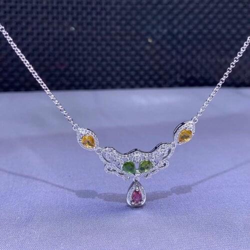 Natural Multicolor tourmaline necklace Pendant S925 silver natural gemstone necklace elegant water drop woman party gift jewelry