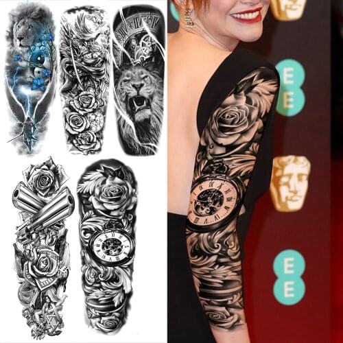 Sexy Rose Compass Temporary Tattoos Sleeve For Women Adult Realistic Fake Lion Gun Dove Full Arm Tattoo 3D Large Tattoo Stickers