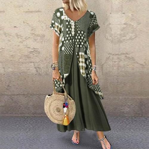 2021 ZANZEA Maxi Long Dress Autumn Summer Dress Women Polka Dot Print Patchwork SundressPleated Sexy V Neck Vestidos