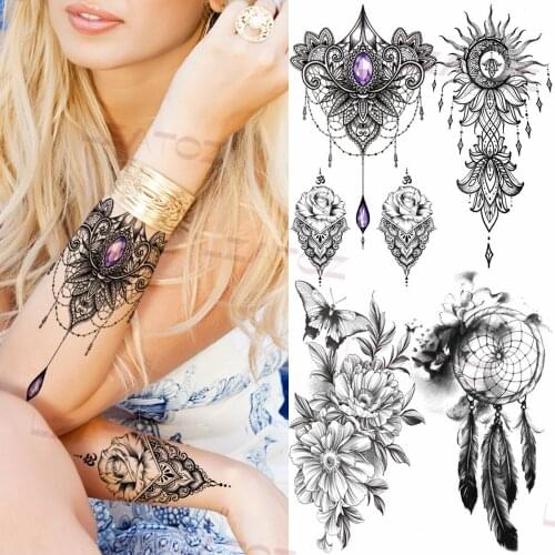 Geometric Gems Pendant Rose Temporary Tattoos For Women Adult Dreamcatcher Sun Peony Fake Tattoo Body Art Half Sleeve Tatoo