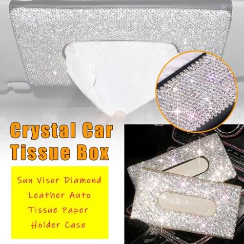 Crystal Car Tissue Box Sun Visor Diamond Leather Auto Tissue Paper Holder Case Sunvisor Hanging Napkin