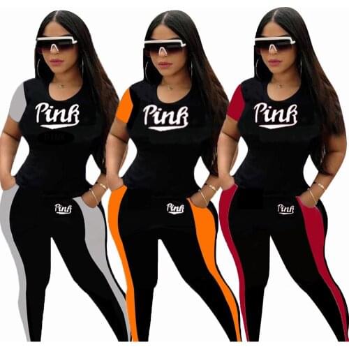 Pink Letter Print Women Set Sporty Short Sleeve 2 Pieces Tops and Long Pant Suit Female Two Pieces Matching Suit Outfits Pockets