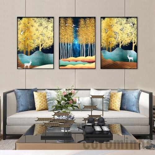 Modern Canvas Painting Poster Print Golden Leaf Fly Bird Bailu Picture Wall Art Nordic Abstract Decor Posters For Living Room