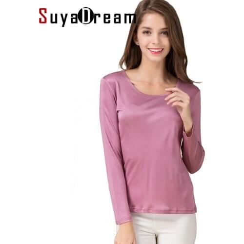 SuyaDream Women T shirt Natural Silk Long sleeves O neck Basic shirt 2020 FALL new white black Bottoming Top
