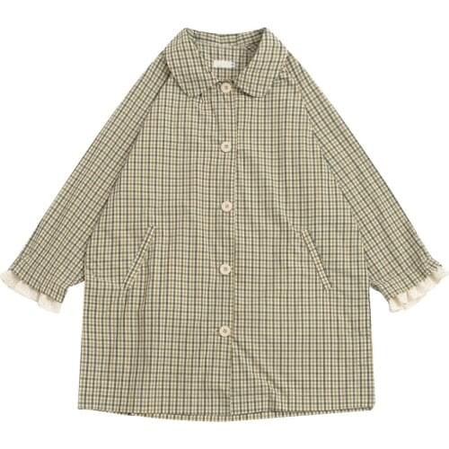 Autumn Fashion Design Women Thin Trench Coats Ruffles Lace Plaid Printed Loose Mid-length Outwear Coat Single-breasted Outwear