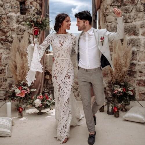 Unique Cut-out Leaf Lace Wedding Dresses Flare Sleeve See Through Mermaid Bridal Gowns Fashion Bohemian beach Noivas Chic DW302