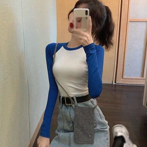 Summer Womens Sexy Round Neck T-Shirt Long Sleeve Casual Patchwork Color Simple Style Slim Tops
