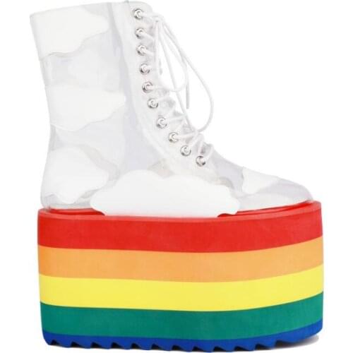 Moraima Snc Fashion Transparent PVC Lace-up Woman Boots Round Toe Rainbow Flat Platform Shoes Runway Punk Style Ankle Boots