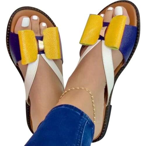 Women Shoes 2021 Summer Women Fashion Flat Color Blocking Bowknot Large Size Sandals Slippers PU Beach Outdoor Slides