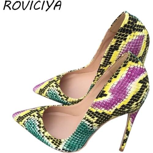 Green High Heel Shoes 12 cm Stilettos Snake Print Women Shoes Pumps Shallow Party Wedding Shoes plus size QP048 ROVICIYA