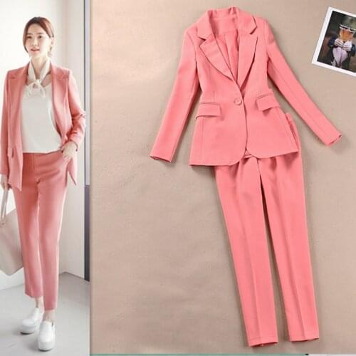 Womens suit 2019 spring and summer new casual suit OL professional slim suit suit jacket nine pants pink two-piece suit