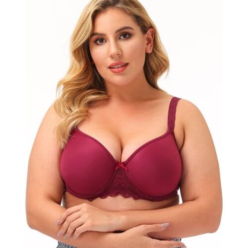 Women Lace Bra Ladies Bras Wine Red Adjusted-straps Underwire Unlined Solid Color Lace 3/4 Cup C D E 36 38 40 42 44