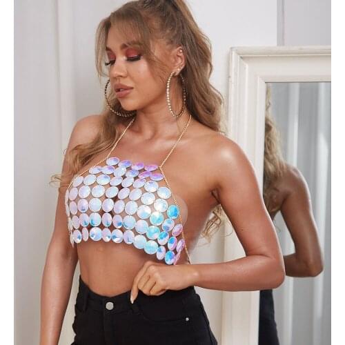 Women‘s Metal Sequins Tassel Top Halter Bralette Sexy Body Chain Fashion Girl Jewelry Accessories Masquerade Show Bra Chain